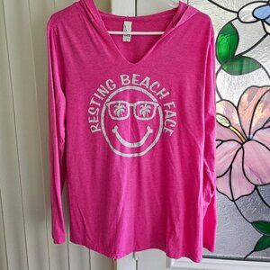 DIST RICT Resting Beach Face  Hoodie tunic shirt coverup Hot Pink sz XL